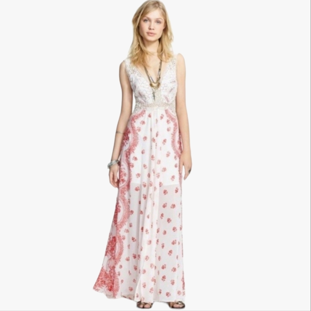 Free People Nwot Victorian Love Magnolia Creme/Red Floral Lace Maxidress